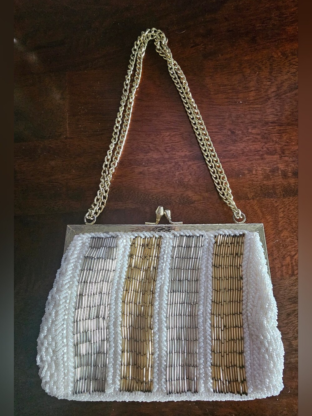 Beaded White and Gold Evening Clutch with Chain Strap